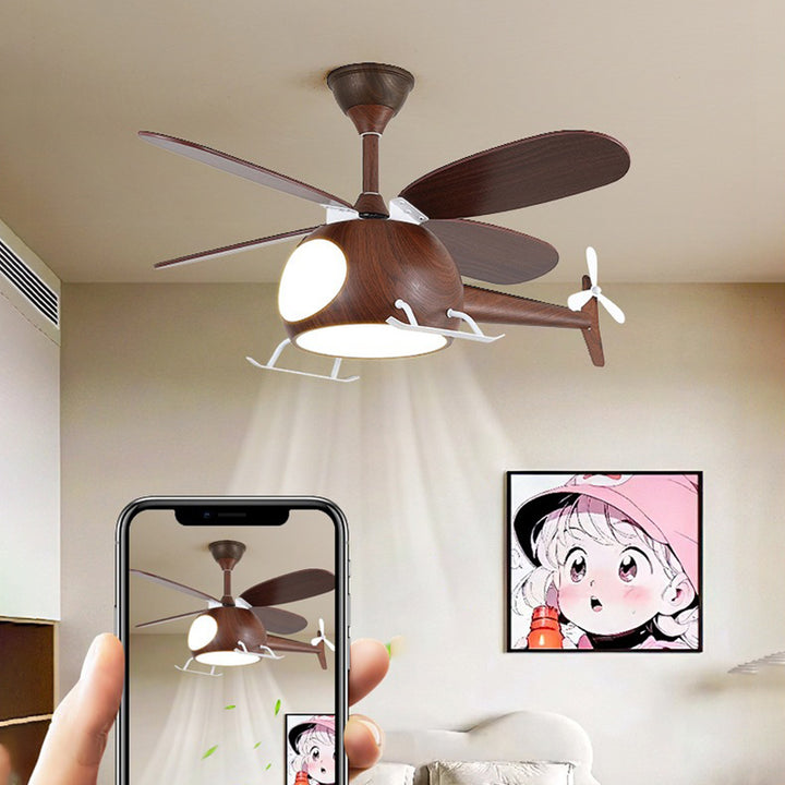 Zeitgenössische kreative Kinder Flugzeug-förmige Holz-Eisen-Acryl-LED-Deckenventilatorlampe für das Schlafzimmer 