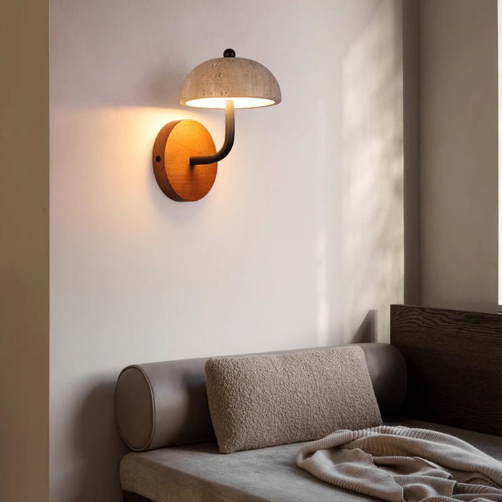 Traditional Vintage Round Mushroom Metal Walnut Travertine LED Wall Sconce Lamp For Bedroom
