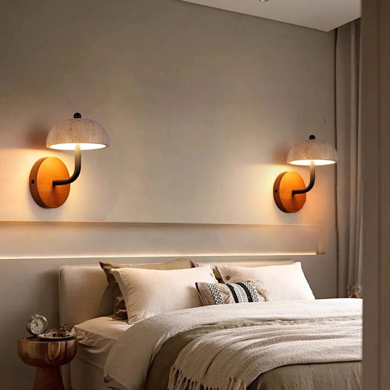 Traditional Vintage Round Mushroom Metal Walnut Travertine LED Wall Sconce Lamp For Bedroom