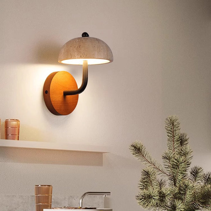 Traditional Vintage Round Mushroom Metal Walnut Travertine LED Wall Sconce Lamp For Bedroom