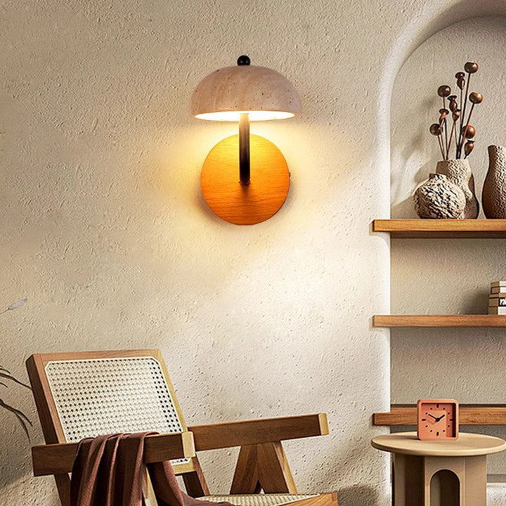 Traditional Vintage Round Mushroom Metal Walnut Travertine LED Wall Sconce Lamp For Bedroom