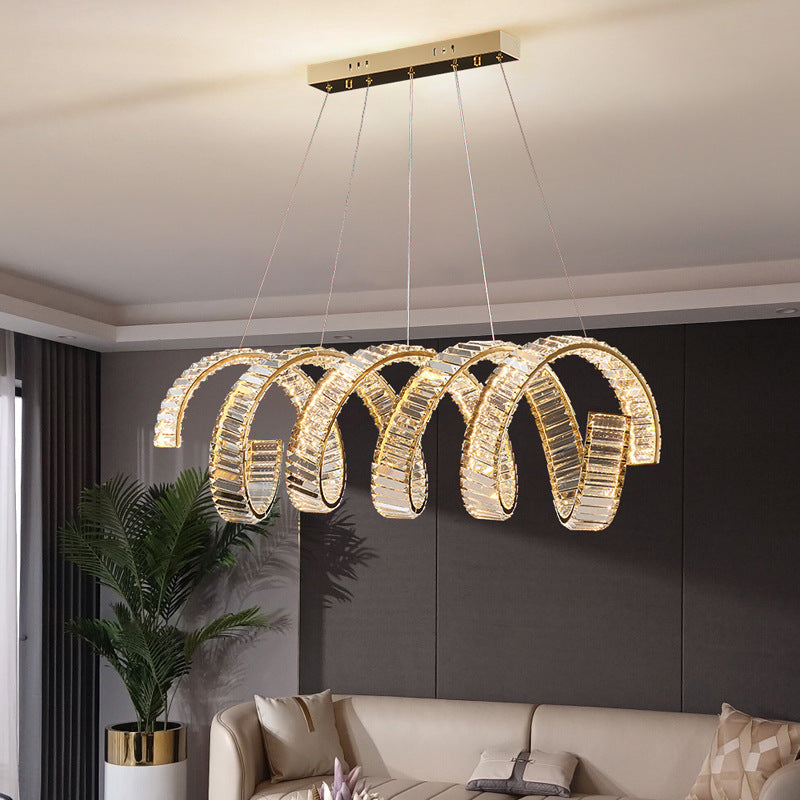 Traditional Luxury Circular Spring-Shaped Stainless Steel Iron Crystal LED Chandeliers Island Light For Dining Room