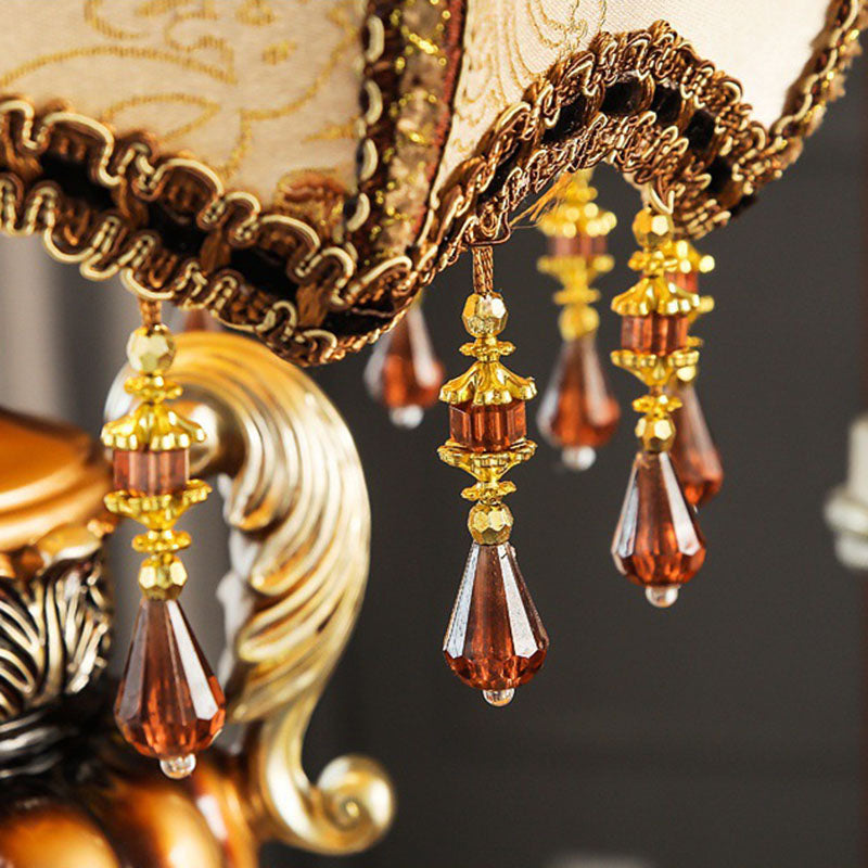 Traditional Luxury Flower-Shaped Cylindrical Metal Resin Fabric 1-Light Table Lamp For Bedroom