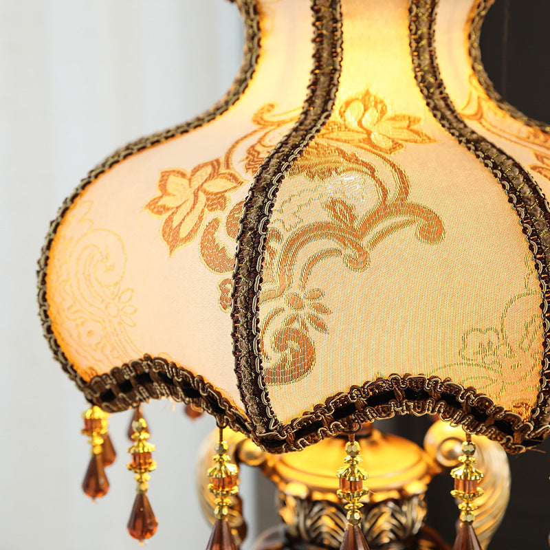 Traditional Luxury Flower-Shaped Cylindrical Metal Resin Fabric 1-Light Table Lamp For Bedroom