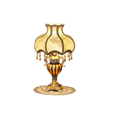 Traditional Luxury Flower-Shaped Cylindrical Metal Resin Fabric 1-Light Table Lamp For Bedroom