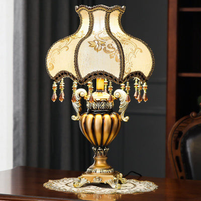 Traditional Luxury Flower-Shaped Cylindrical Metal Resin Fabric 1-Light Table Lamp For Bedroom