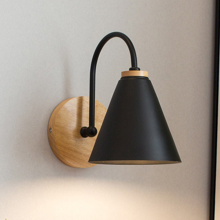 Contemporary Nordic Conical Solid Wood Iron 1-Light Wall Sconce Lamp For Bedroom