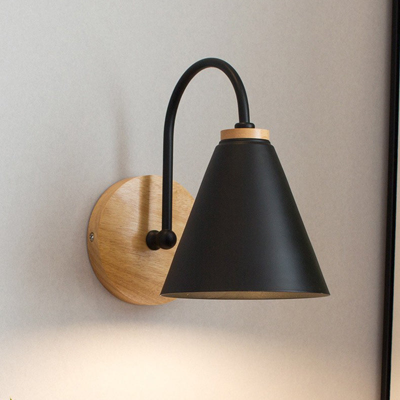 Contemporary Nordic Conical Solid Wood Iron 1-Light Wall Sconce Lamp For Bedroom