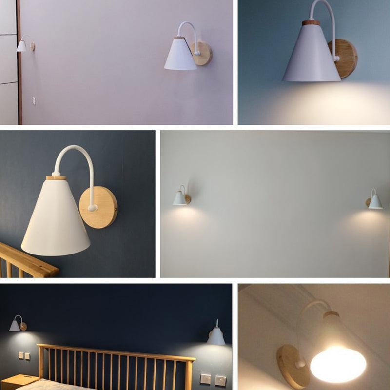 Zeitgenössische nordische konische Wandlampe aus massivem Holz und Eisen mit 1 Licht für das Schlafzimmer 