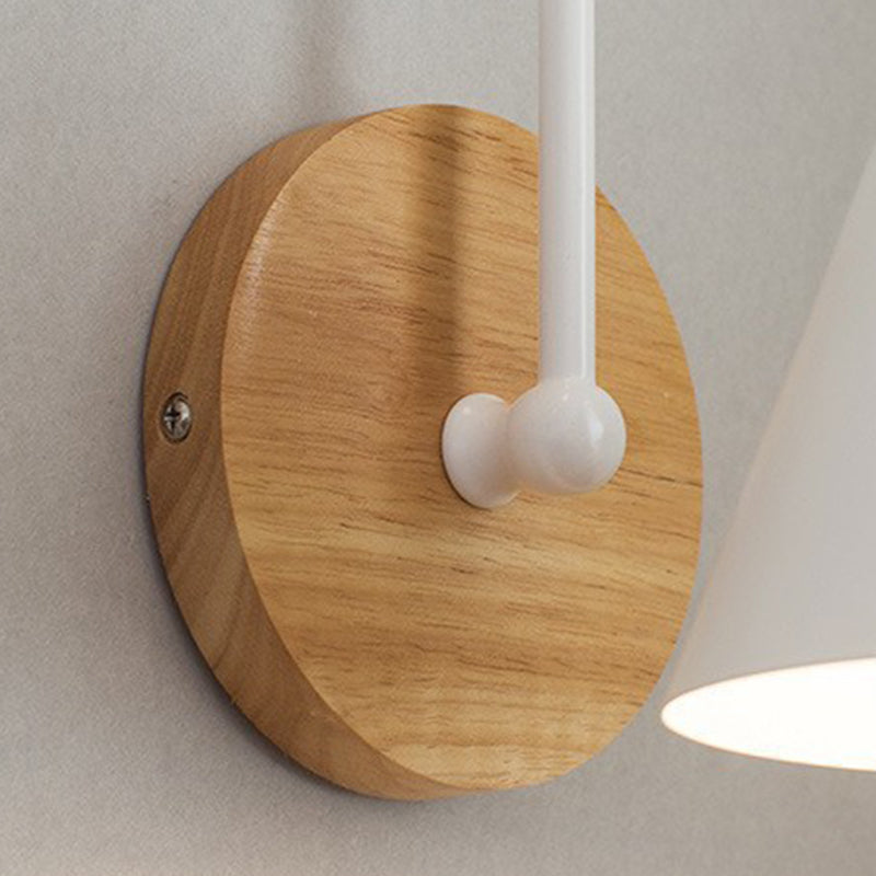 Contemporary Nordic Conical Solid Wood Iron 1-Light Wall Sconce Lamp For Bedroom