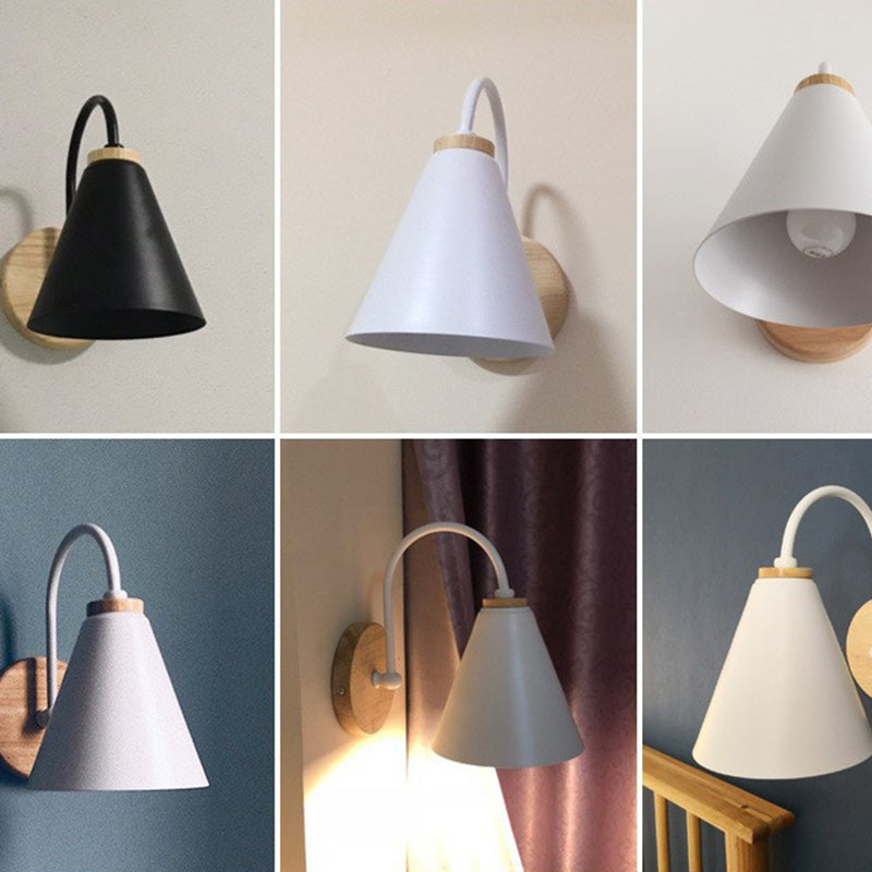 Contemporary Nordic Conical Solid Wood Iron 1-Light Wall Sconce Lamp For Bedroom