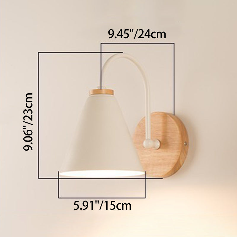 Contemporary Nordic Conical Solid Wood Iron 1-Light Wall Sconce Lamp For Bedroom