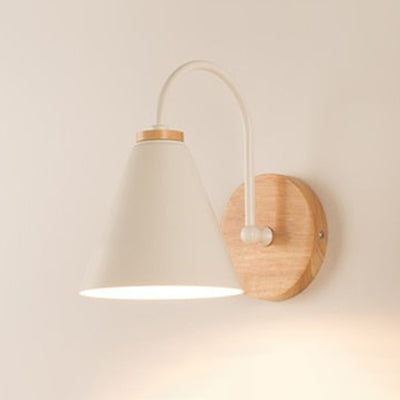 Contemporary Nordic Conical Solid Wood Iron 1-Light Wall Sconce Lamp For Bedroom