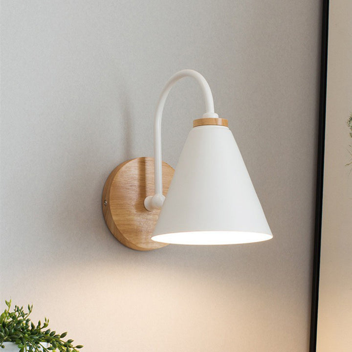 Contemporary Nordic Conical Solid Wood Iron 1-Light Wall Sconce Lamp For Bedroom