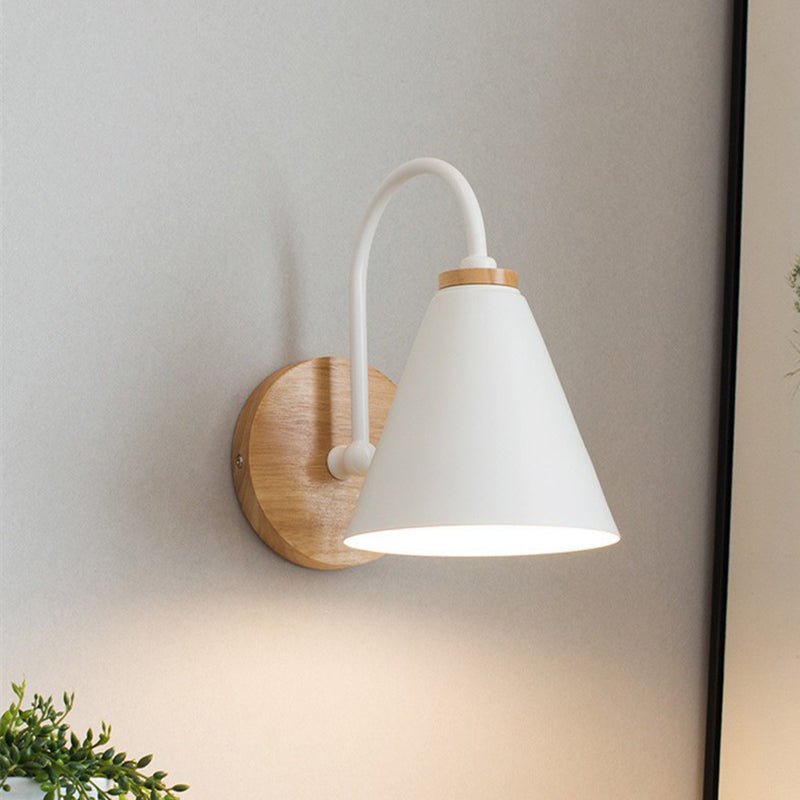 Contemporary Nordic Conical Solid Wood Iron 1-Light Wall Sconce Lamp For Bedroom
