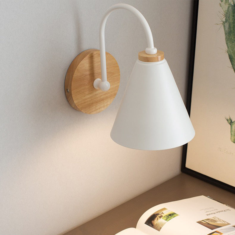 Contemporary Nordic Conical Solid Wood Iron 1-Light Wall Sconce Lamp For Bedroom