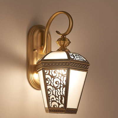 Traditional French Waterproof Lantern-Shaped Copper Glass 1-Light Outdoor Wall Sconce Lamp For Gardens