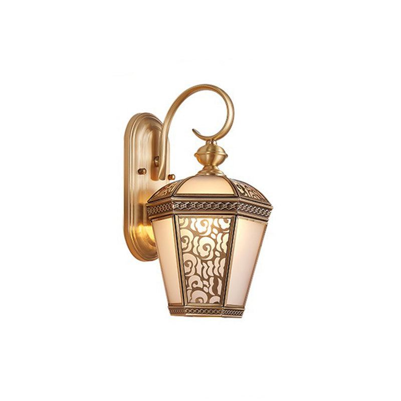 Traditional French Waterproof Lantern-Shaped Copper Glass 1-Light Outdoor Wall Sconce Lamp For Gardens