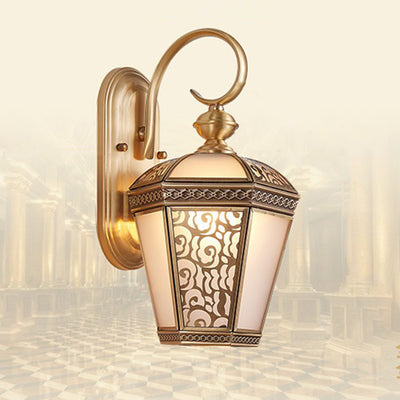 Traditional French Waterproof Lantern-Shaped Copper Glass 1-Light Outdoor Wall Sconce Lamp For Gardens