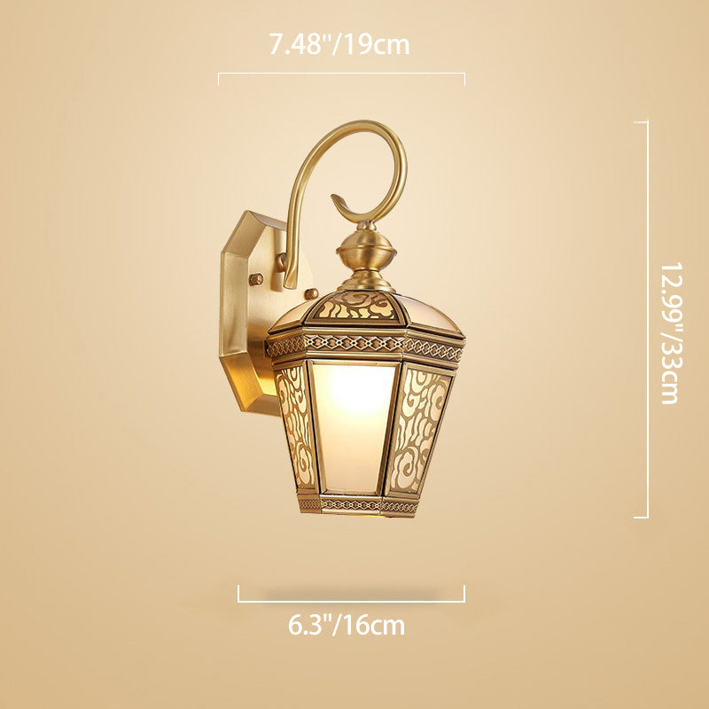 Traditional French Waterproof Lantern-Shaped Copper Glass 1-Light Outdoor Wall Sconce Lamp For Gardens