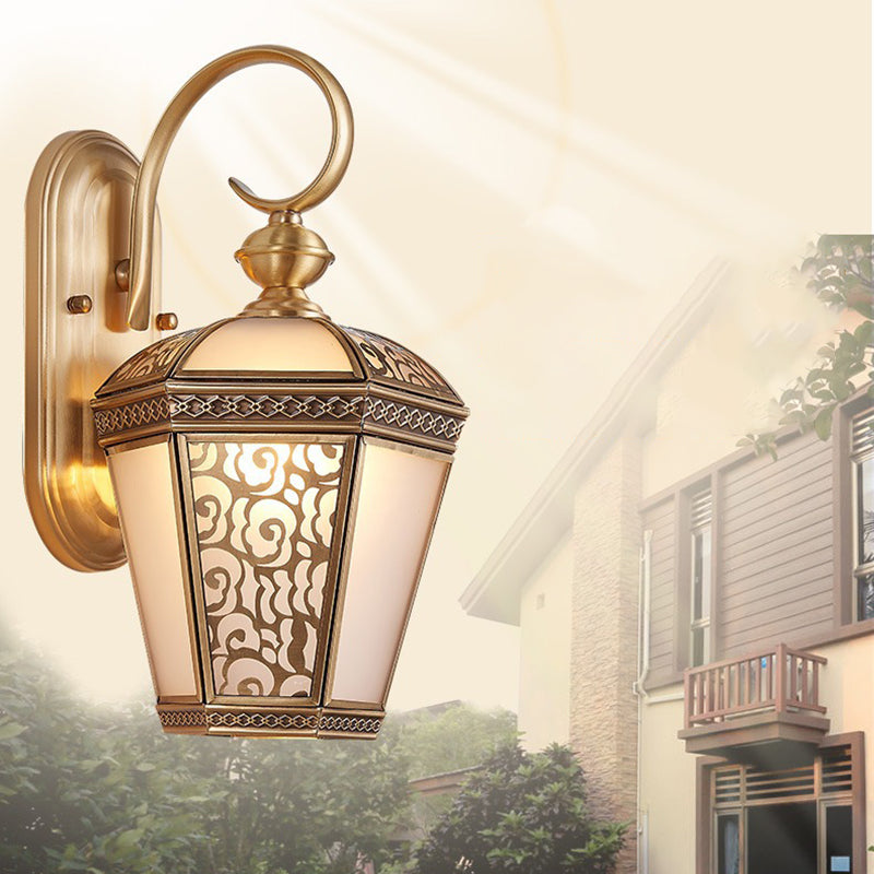 Traditional French Waterproof Lantern-Shaped Copper Glass 1-Light Outdoor Wall Sconce Lamp For Gardens