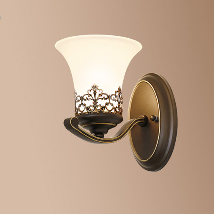 Traditional Vintage Floral Pattern Iron Glass 1-Light Wall Sconce Lamp For Bedroom