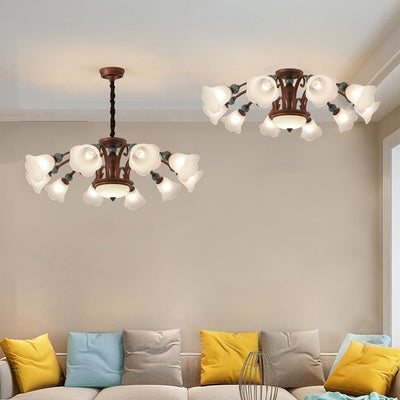 Traditional Vintage Multi-Flower Metal Glass 4/7/9/11-Light Semi-Flush Mount Ceiling Light For Living Room