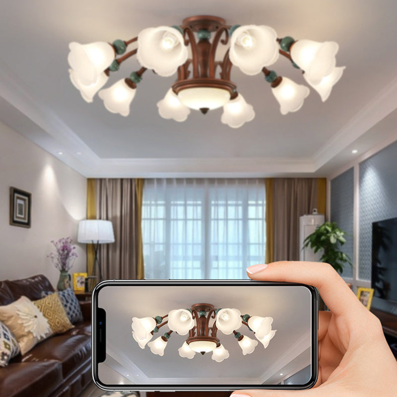 Traditional Vintage Multi-Flower Metal Glass 4/7/9/11-Light Semi-Flush Mount Ceiling Light For Living Room