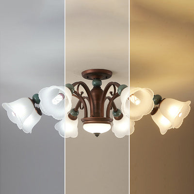 Traditional Vintage Multi-Flower Metal Glass 4/7/9/11-Light Semi-Flush Mount Ceiling Light For Living Room