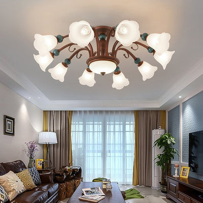 Traditional Vintage Multi-Flower Metal Glass 4/7/9/11-Light Semi-Flush Mount Ceiling Light For Living Room