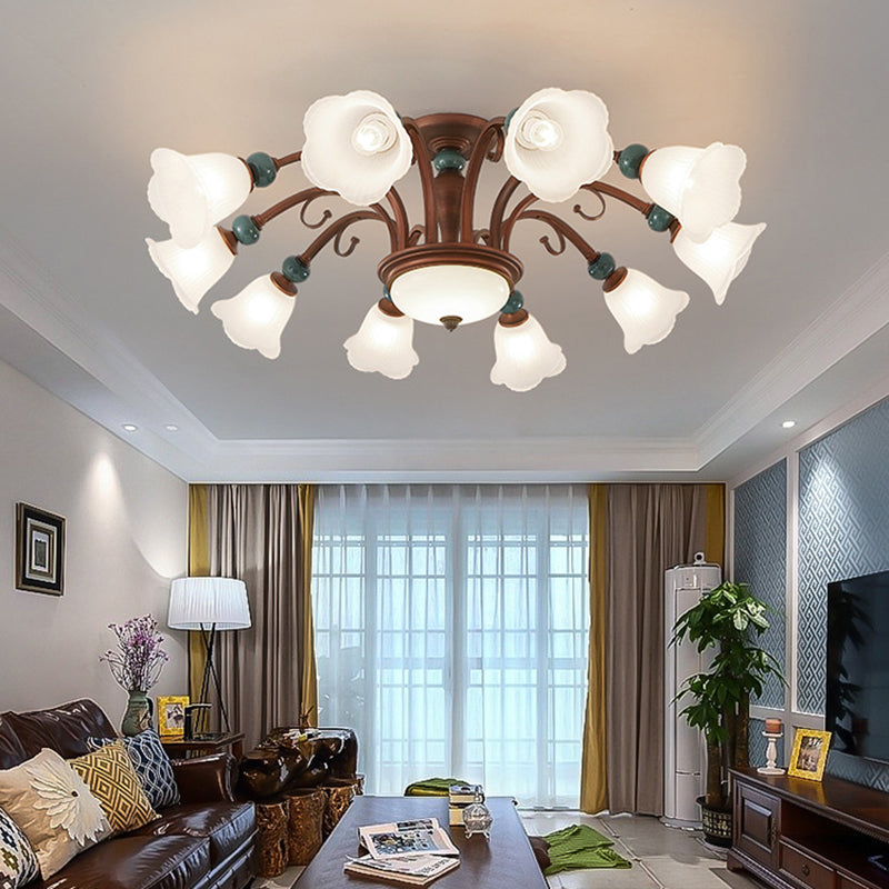 Traditional Vintage Multi-Flower Metal Glass 4/7/9/11-Light Semi-Flush Mount Ceiling Light For Living Room
