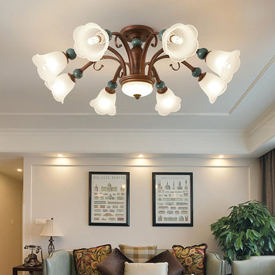 Traditional Vintage Multi-Flower Metal Glass 4/7/9/11-Light Semi-Flush Mount Ceiling Light For Living Room