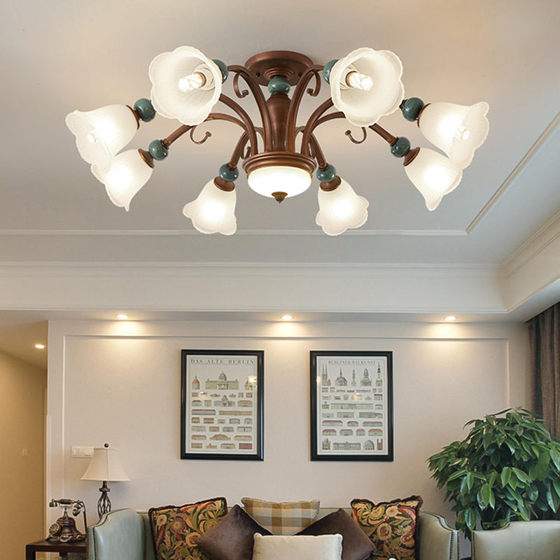 Traditional Vintage Multi-Flower Metal Glass 4/7/9/11-Light Semi-Flush Mount Ceiling Light For Living Room