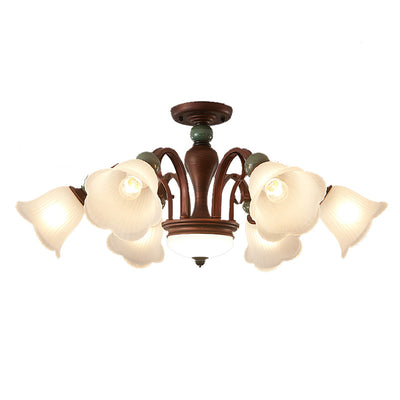 Traditional Vintage Multi-Flower Metal Glass 4/7/9/11-Light Semi-Flush Mount Ceiling Light For Living Room