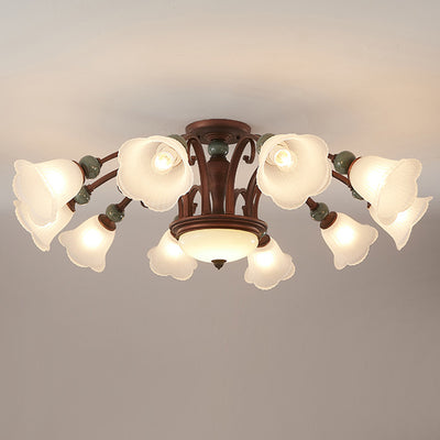 Traditional Vintage Multi-Flower Metal Glass 4/7/9/11-Light Semi-Flush Mount Ceiling Light For Living Room