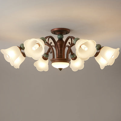 Traditional Vintage Multi-Flower Metal Glass 4/7/9/11-Light Semi-Flush Mount Ceiling Light For Living Room