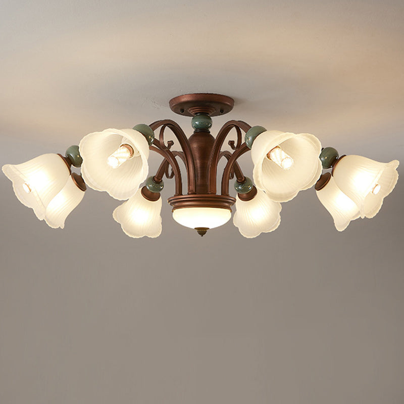 Traditional Vintage Multi-Flower Metal Glass 4/7/9/11-Light Semi-Flush Mount Ceiling Light For Living Room