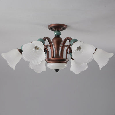 Traditional Vintage Multi-Flower Metal Glass 4/7/9/11-Light Semi-Flush Mount Ceiling Light For Living Room