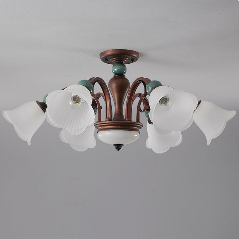 Traditional Vintage Multi-Flower Metal Glass 4/7/9/11-Light Semi-Flush Mount Ceiling Light For Living Room
