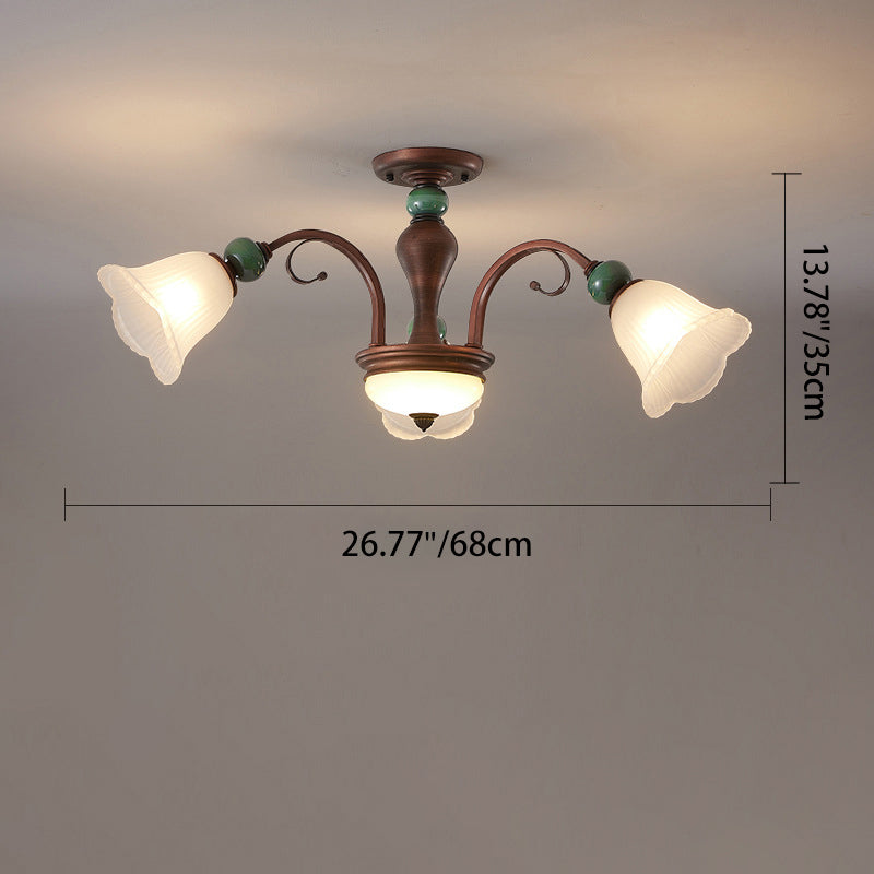 Traditional Vintage Multi-Flower Metal Glass 4/7/9/11-Light Semi-Flush Mount Ceiling Light For Living Room