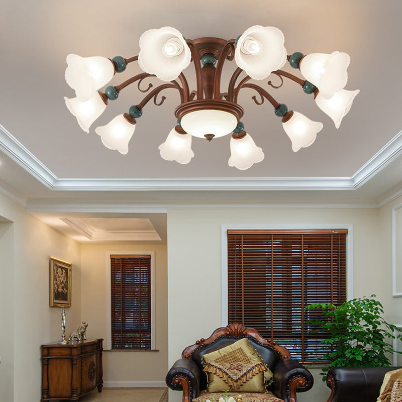 Traditional Vintage Multi-Flower Metal Glass 4/7/9/11-Light Semi-Flush Mount Ceiling Light For Living Room