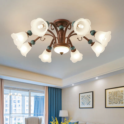 Traditional Vintage Multi-Flower Metal Glass 4/7/9/11-Light Semi-Flush Mount Ceiling Light For Living Room