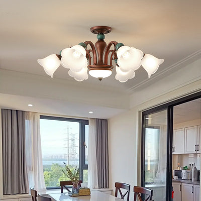 Traditional Vintage Multi-Flower Metal Glass 4/7/9/11-Light Semi-Flush Mount Ceiling Light For Living Room