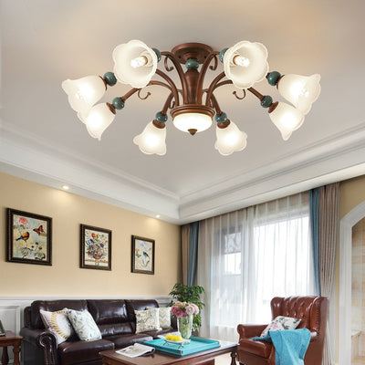 Traditional Vintage Multi-Flower Metal Glass 4/7/9/11-Light Semi-Flush Mount Ceiling Light For Living Room
