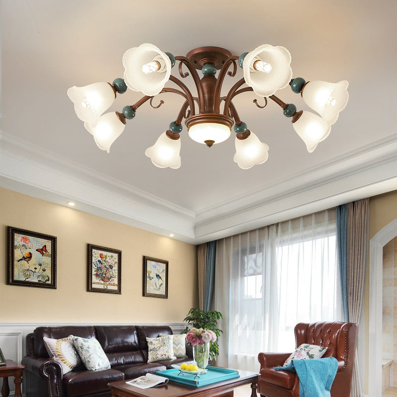 Traditional Vintage Multi-Flower Metal Glass 4/7/9/11-Light Semi-Flush Mount Ceiling Light For Living Room