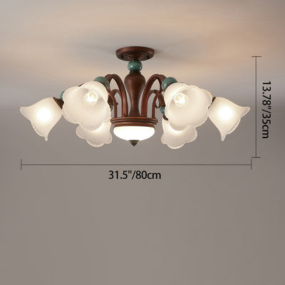 Traditional Vintage Multi-Flower Metal Glass 4/7/9/11-Light Semi-Flush Mount Ceiling Light For Living Room