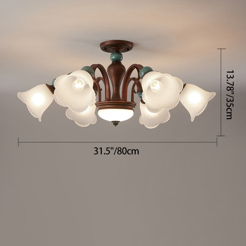 Traditional Vintage Multi-Flower Metal Glass 4/7/9/11-Light Semi-Flush Mount Ceiling Light For Living Room