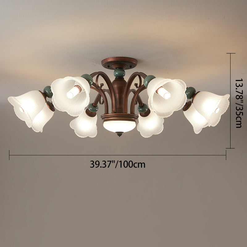 Traditional Vintage Multi-Flower Metal Glass 4/7/9/11-Light Semi-Flush Mount Ceiling Light For Living Room