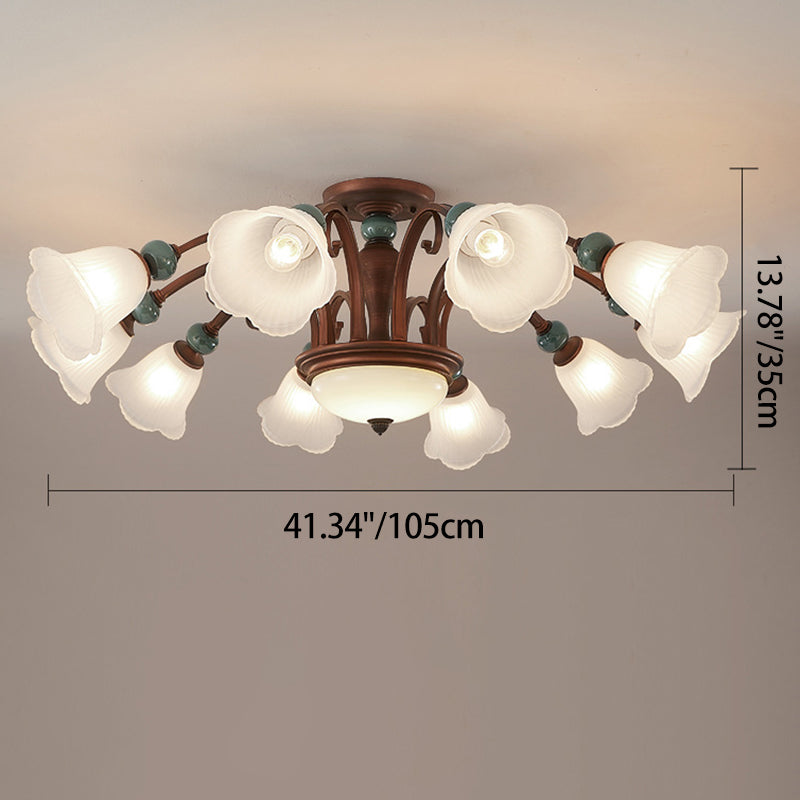 Traditional Vintage Multi-Flower Metal Glass 4/7/9/11-Light Semi-Flush Mount Ceiling Light For Living Room