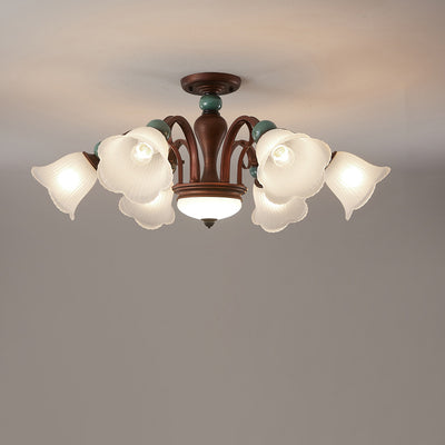 Traditional Vintage Multi-Flower Metal Glass 4/7/9/11-Light Semi-Flush Mount Ceiling Light For Living Room